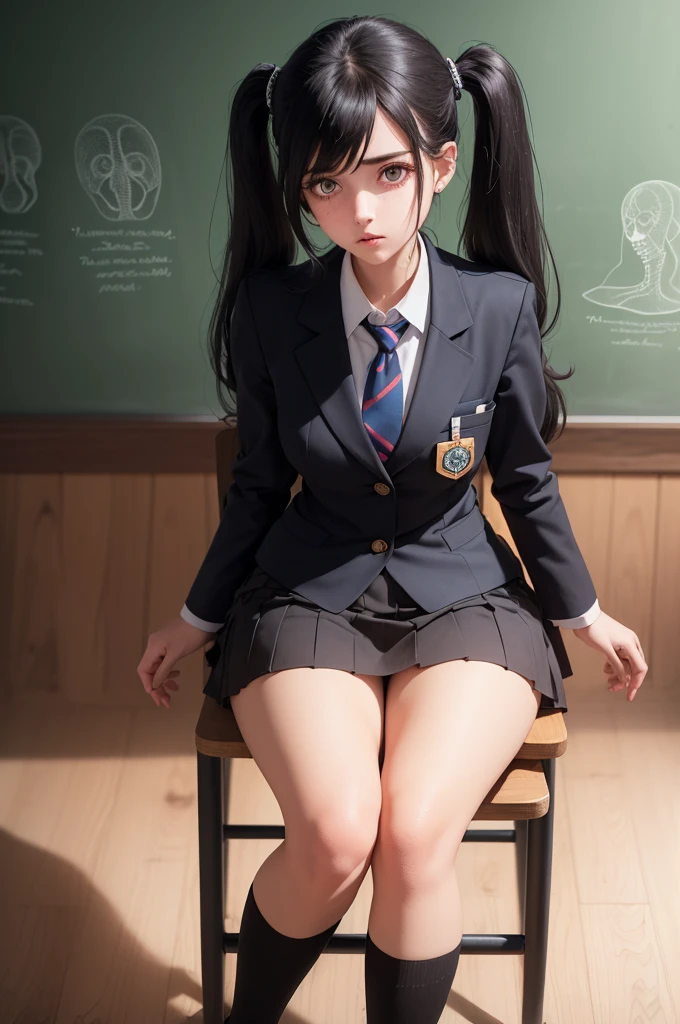 (((best qualityer), (hyper realist), mh-yk, 1 , alone, blackquality hair, eyes browns, long  hair, wearing private university uniform, blue blazer style with buttons, tie and tight skirt followed by knee socks,, big fit ass,, twintails, plein-air, hair rings, gazing at viewer, university anatomy club scene, de pé encostada na loja gazing at viewer, sweet look, inside a closed room with a blackboard behind full of drawings of the human body