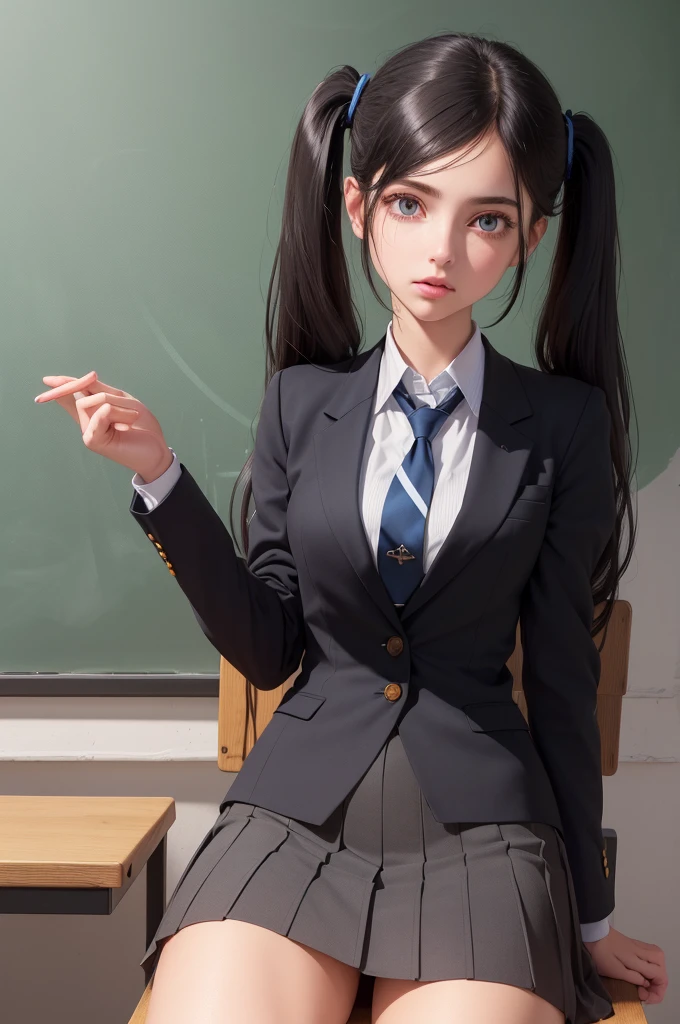 (((best qualityer), (hyper realist), mh-yk, 1 , alone, blackquality hair, eyes browns, long  hair, wearing private university uniform, blue blazer style with buttons, tie and tight skirt followed by knee socks,, big fit ass,, twintails, plein-air, hair rings, gazing at viewer, university anatomy club scene, de pé encostada na loja gazing at viewer, sweet look, inside a closed room with a blackboard behind full of drawings of the human body