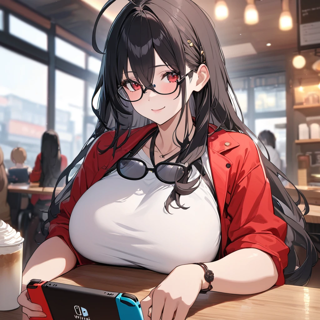 A woman wearing an open red jacket, white t-shirt, black bow around her neck, black skirt, black tights, black women's shoes, black yellow band on her arm, black hair, long hair, red bow in her hair, red eyes,social glasses, cute face, ahoge in her hair, smiling woman, big breasts, standing, holding Nintendo Switch console, in a modern cafe near a table with bread and cup of coffee. UHD , prime work , accurate , anatomically correct , textured skin , super details , high quality , best quality, 8k, high resolution, bokeh effect. (woman alone)
