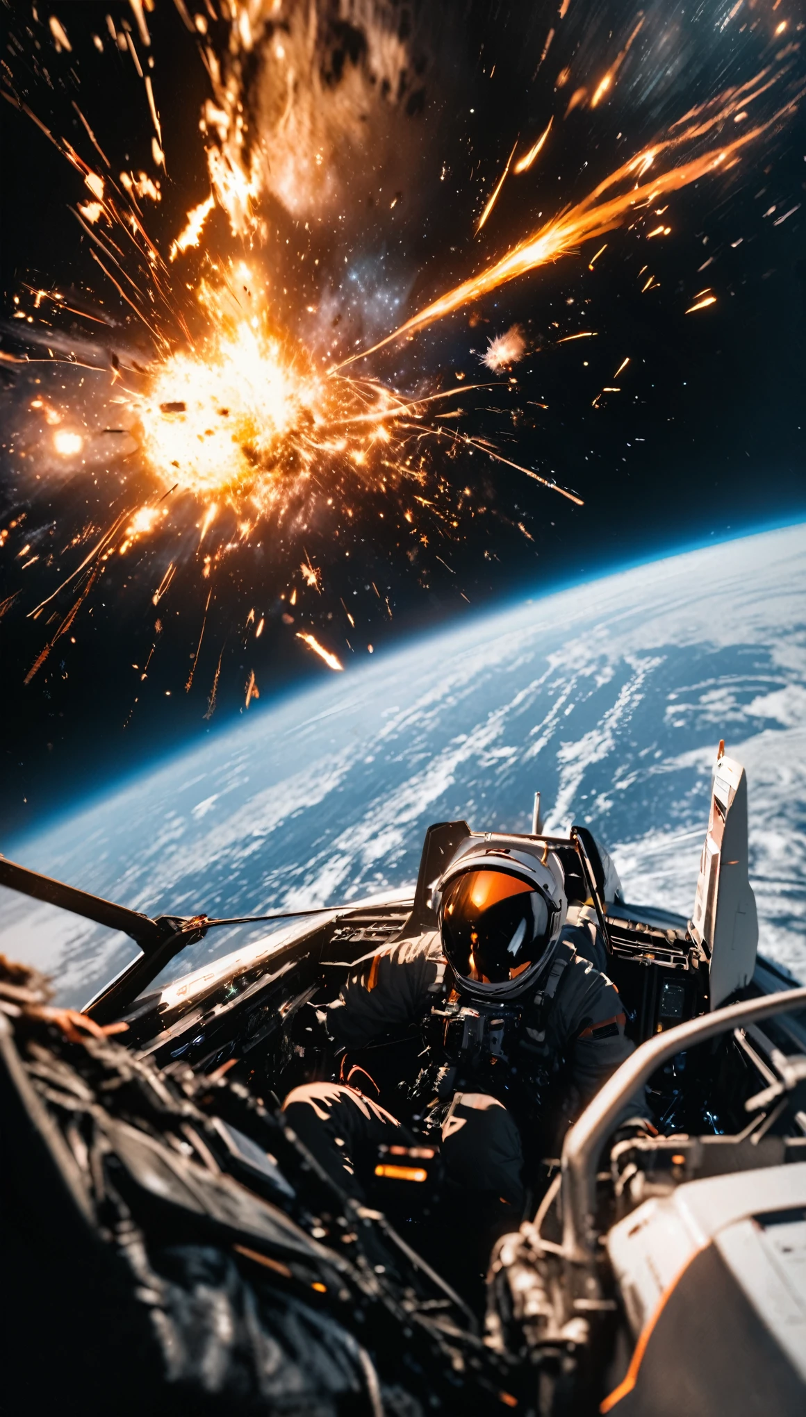 best quality, super fine, 16k, RAW photo, 2.5D, delicate and dynamic depiction, space war, spaceship fighter, astronaut in cockpit about to explode after being hit, sparks, flames, galaxy, planet