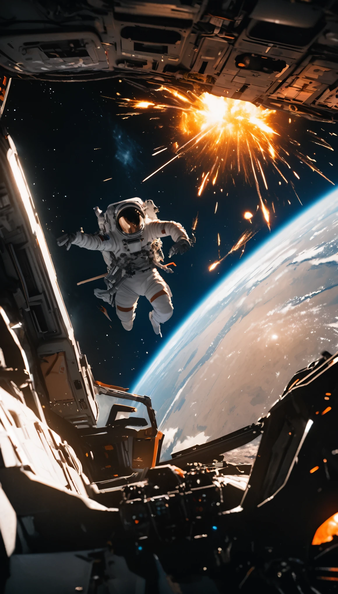best quality, super fine, 16k, RAW photo, 2.5D, delicate and dynamic depiction, space war, spaceship fighter, (astronaut:1.3) in cockpit about to explode after being hit, sparks, flames, galaxy, planet