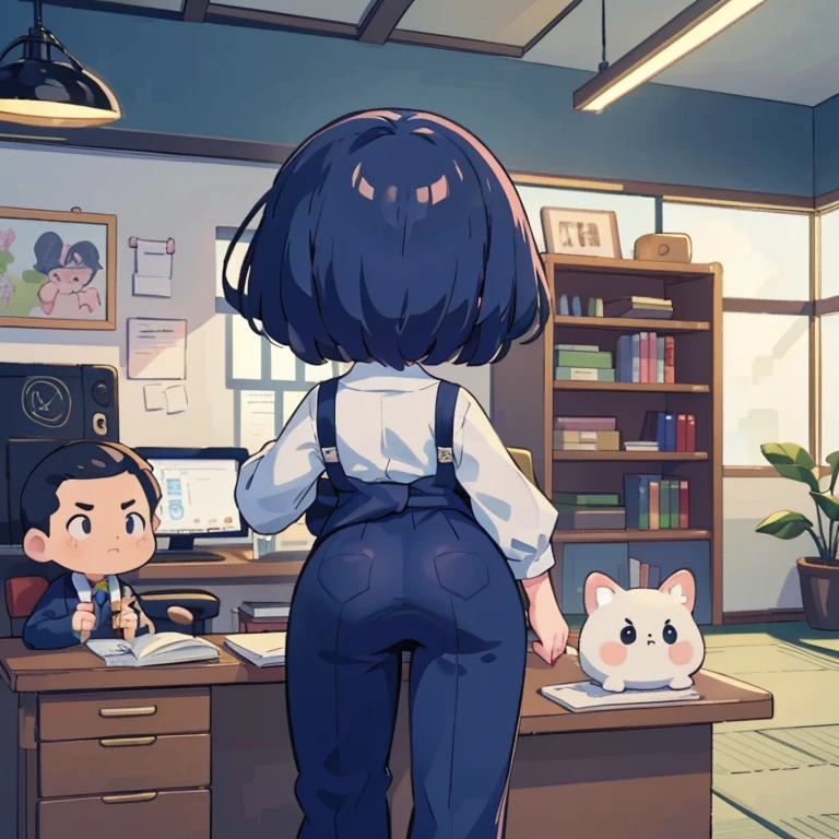 (Highest quality, 8K, 32k, masterpiece, Ultra-high resolution:1.2), One Girl, Beautiful Japanese Women, Tight waist, 紺色suit, Navy blue shirt, office lady, suit, Georgette pants, From behind, Office Room, mechanical, (Protruding buttocks:1.2), Detailed face, short hair,