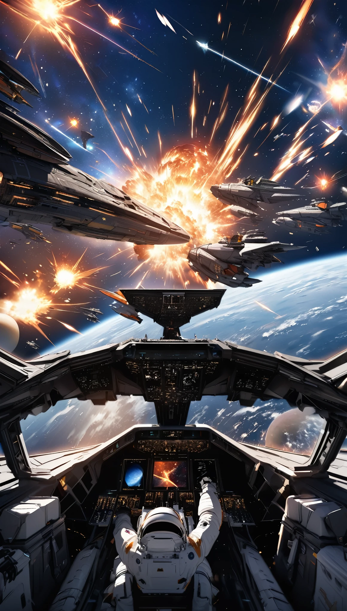 best quality, super fine, 16k, RAW photo, 2.5D, delicate and dynamic depiction, space war, spaceship fighter, (astronaut:1.2) in cockpit about to explode after being hit, sparks, flames, galaxy, planet, magnificent view, background (many battle spaceship fighter mothership battle scene)