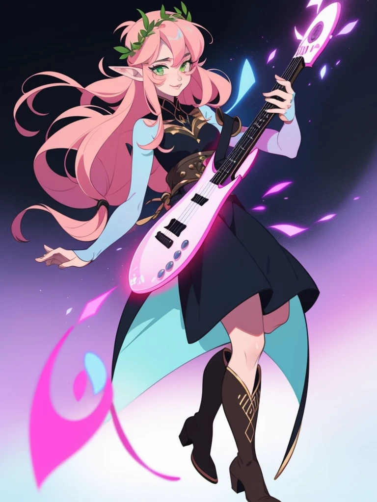 An elf, holding a lyre, green eyes, woman, Pink hair with blue streaks, prismatic lighting,  whole body, flowing hair, flower crown, full body, wearing boots and dress.
