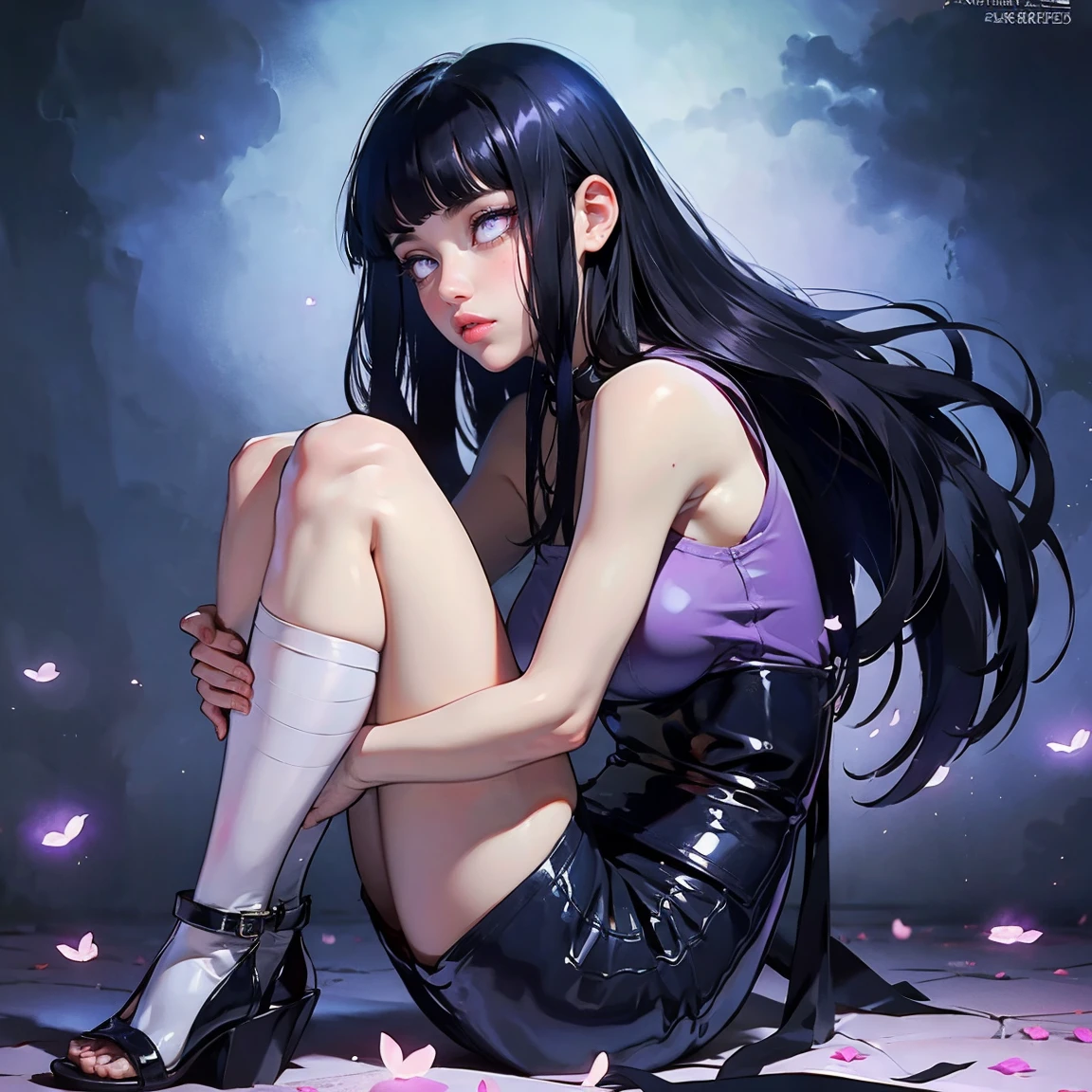 1girl, close up of face, adult, Hinata Hyuga, the last, shy girl, long black hair, blunt bangs, dark hair, Voluminous hair, lavender eyes, no pupils, Lavender Sleeveless Blouse, long black boots, navy blue shorts, Black translucent stockings, holster, bandage on thigh, open sandals, big breasts, wide hips, shapely legs, slim waist, masterpiece, best quality, Professional, realistic.