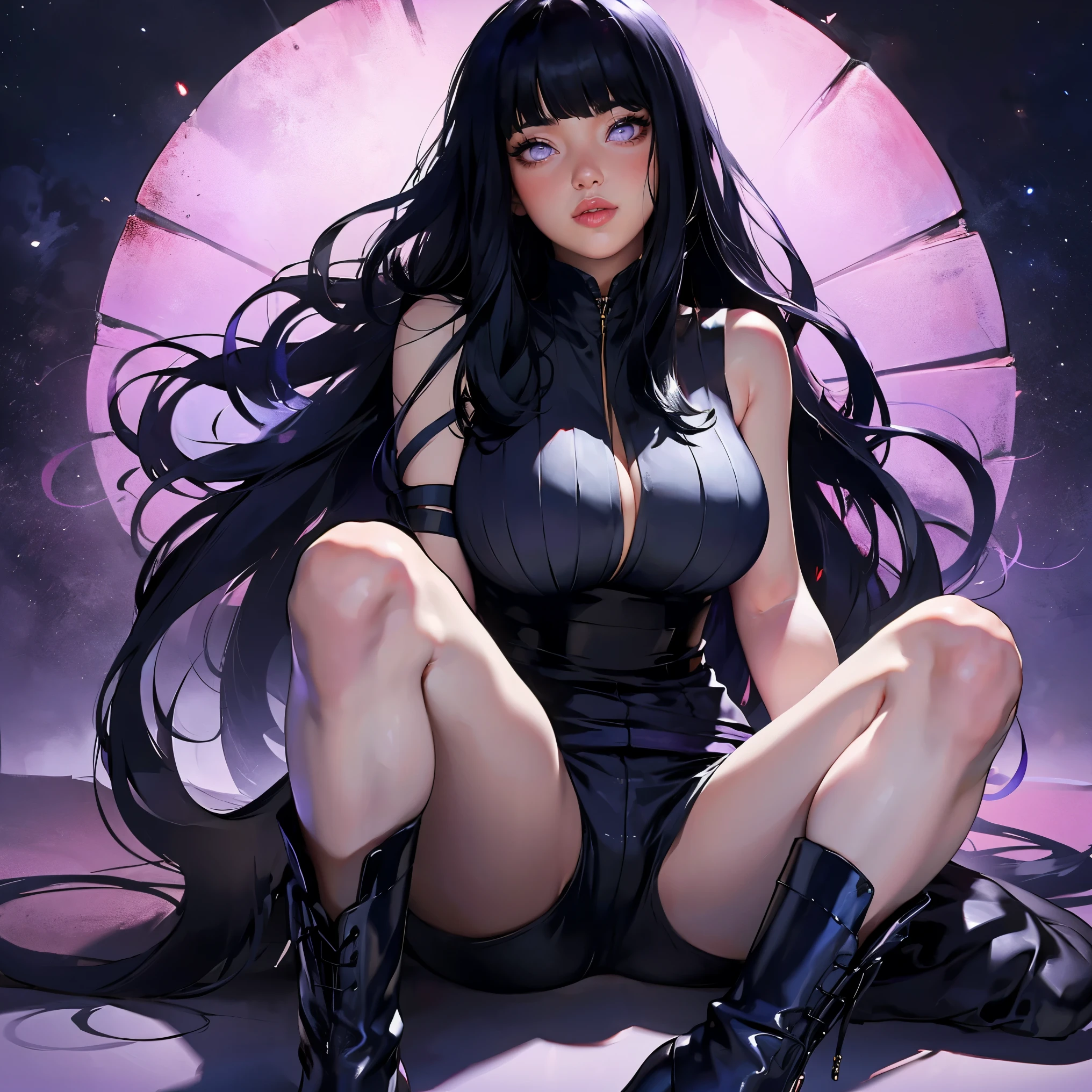 1girl, close up of face, adult, Hinata Hyuga, the last, shy girl, long black hair, blunt bangs, dark hair, Voluminous hair, lavender eyes, no pupils, Lavender Sleeveless Blouse, long black boots, navy blue shorts, Black translucent stockings, holster, bandage on thigh, open sandals, big breasts, wide hips, shapely legs, slim waist, masterpiece, best quality, Professional, realistic.