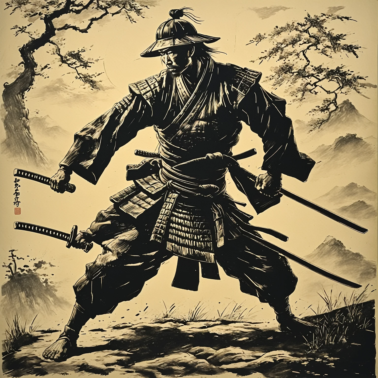 a Samurai striking with his sword