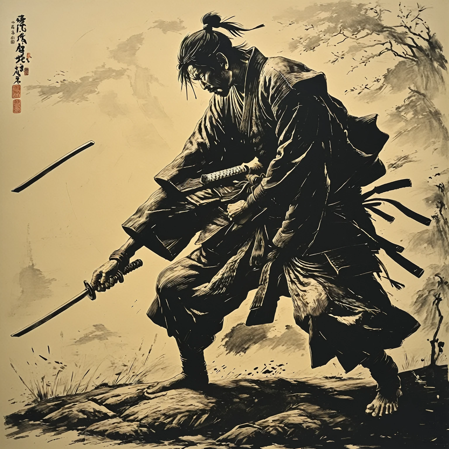 a Samurai striking with his sword