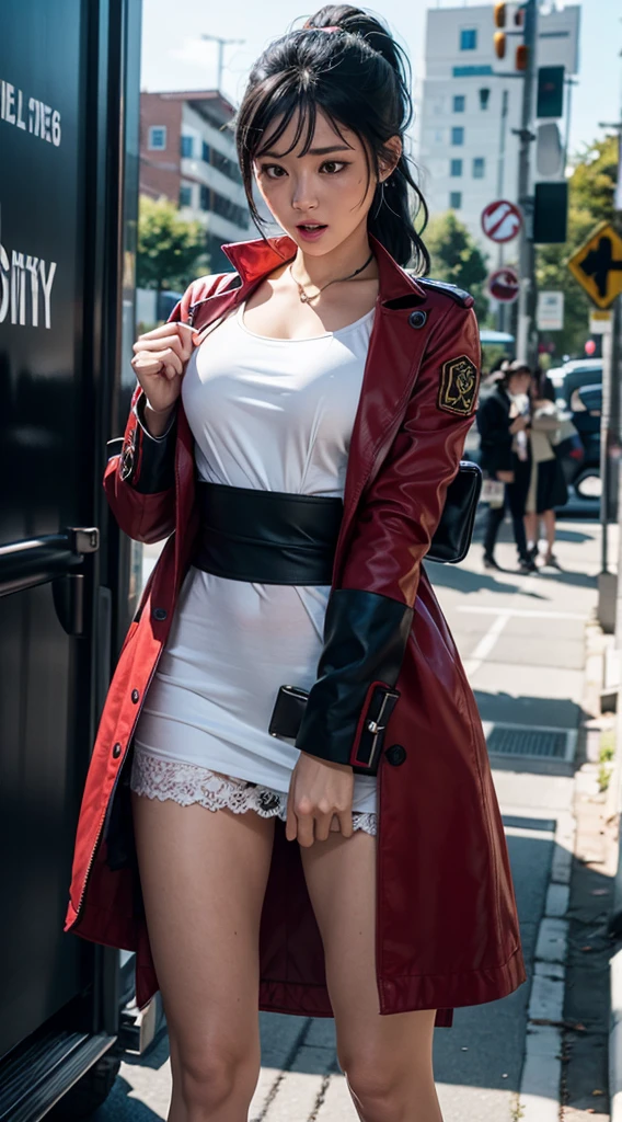 a beautiful detailed portrait of Kudelia Aina Bernstein from Gundam IBO, 1/4 walking right pose, worried facial expression, dress lifted revealing tight white thigh high boots and a glimpse of red thong underneath, highly detailed, photorealistic, intricate details, cinematic lighting, warm color palette, dramatic mood, spaceship hangar Bay interior
