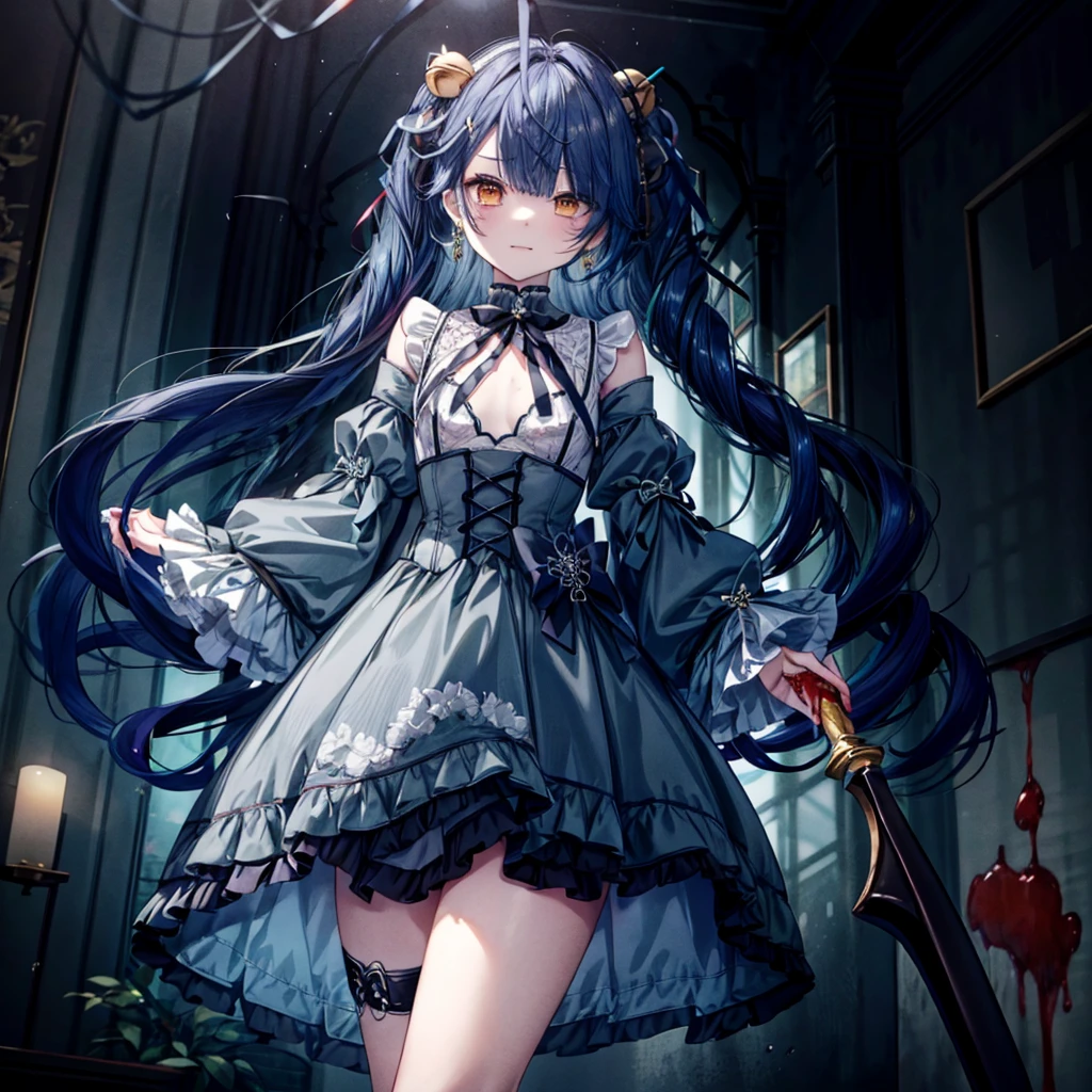 ((Highest quality)), ((masterpiece)), (detailed), ((nsfw)), Create a highly captivating and eerie female character with long, straight hair, a striking blend of dark blue and black streaks. Her eyes are a deep blood-red, exuding a sense of madness and obsession. She has a slender and toned build, standing at about 158 cm tall.

Her outfit is a Victorian gothic dress that is blood-stained, featuring black lace trims and ribbons, long sleeves, and a frilled skirt. The dress is intricately embroidered, enhancing its gothic atmosphere. Her accessories include a black choker and red gemstone earrings.

In her hand, she wields a small knife, reflecting her dangerous nature. Her pose is confident and unsettling, with a wicked smile that shows her sinister intentions. Her expression is both inviting and menacing, exuding a sense of hidden danger.

The background is a dark, abandoned mansion with dim lighting and eerie shadows. The atmosphere is filled with a sense of dread and foreboding, enhancing her menacing presence. The walls are stained and cracked, and old, dusty furniture adds to the haunted feeling. She interacts seamlessly with her surroundings, blending in with the dark and eerie environment while remaining alert to any potential threats.

The overall mood is one of twisted love and hidden danger, emphasizing her role as a yandere character who is willing to do anything to protect her love, even if it means bathing in the blood of her enemies. The lighting is dark and ominous, casting deep shadows and highlighting her unsettling figure and the intricate details of her costume and weapon.

lightblue hair, aroused, blush, panty shot, cameltoe, blood, wet