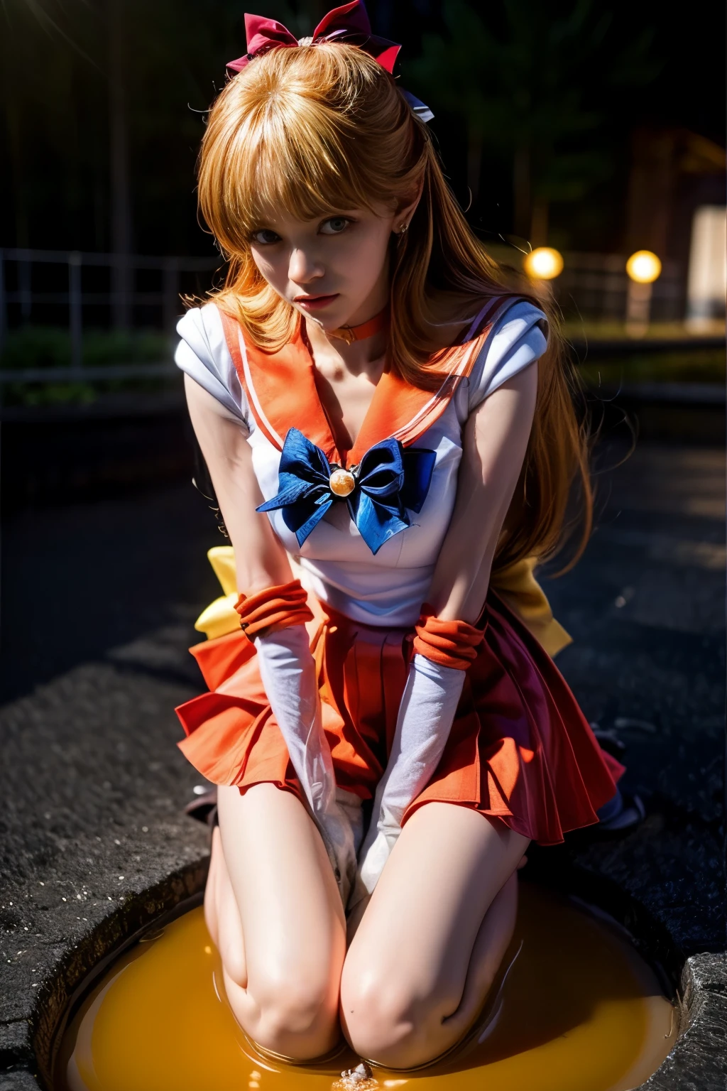 (realistic, photo-realistic:1.4), (best quality,masterpiece:1.2), RAW photo, high resolution, intricate details, extremely detailed, realistic and sharp details, cinematic lighting, (full body), frontal photography, solo, 1girl, sailor venus, sv1, MinakoAino, a Japanese female idol wearing a sailor senshi uniform, smuniform, jewelry, circlet, earrings, orange sailor collar, orange choker, blue neck ribbon, (white elbow gloves:1.2), orange skirt, orange ankle strap pumps, (red hair bow, blonde hair, long hair, parted bangs:1.5), (leaning back), hands between legs, kneeling down, spread legs, thin legs, bare legs, detailed face, detailed eyes, pale skin, fine-textured skin, (perfect anatomy, prefect hands), (peeing self, pee puddle:1.5), photo background, outdoors, 