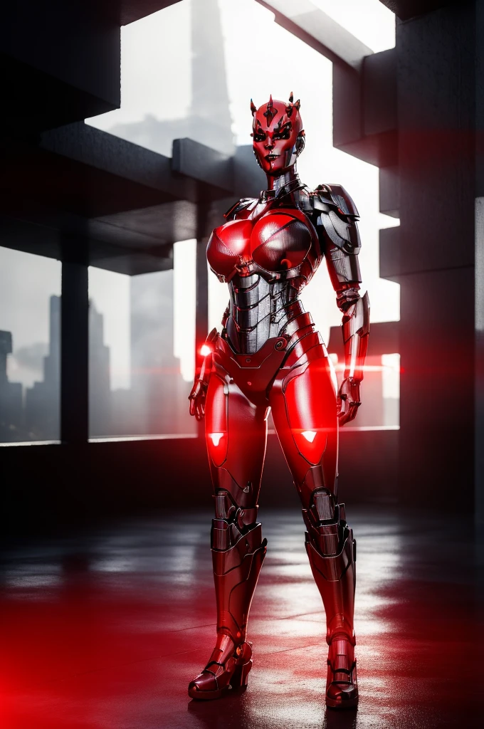 Alone, mecha Jessica Nigri AS darthmaul, ((flawless RED skin)),(Red:1.1),(best quality,4k,8k,highres,masterpiece:1.2),ultra-detailed,(realistic,photorealistic,photo-realistic:1.37),concept art,digital painting,chiaroscuro lighting,cinematic composition,dramatic lighting,volumetric fog,glowing red energy,complex futuristic machinery,intricate mechanical details,advanced cybernetic implants,detailed facial features,piercing red eyes,full body power pose,advanced robotics,dramatic shadows,vivid colors