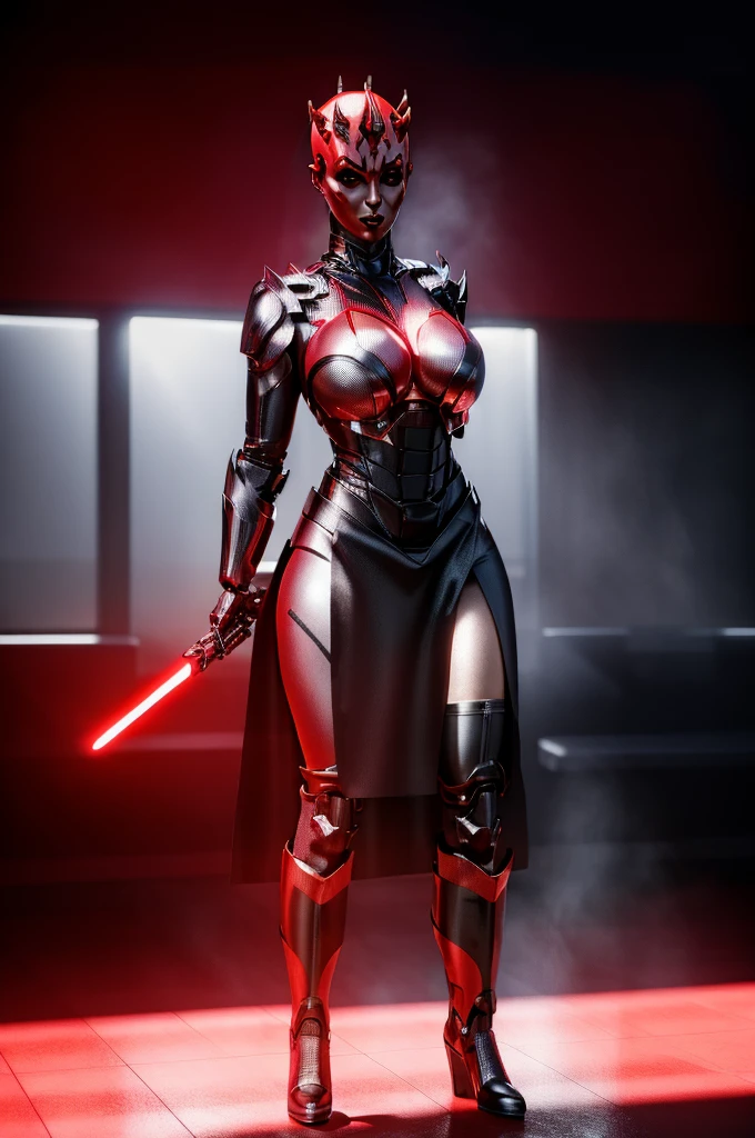 Alone, mecha Jessica Nigri AS darthmaul, ((flawless RED skin)),(Red:1.1),(best quality,4k,8k,highres,masterpiece:1.2),ultra-detailed,(realistic,photorealistic,photo-realistic:1.37),concept art,digital painting,chiaroscuro lighting,cinematic composition,dramatic lighting,volumetric fog,glowing red energy,complex futuristic machinery,intricate mechanical details,advanced cybernetic implants,detailed facial features,piercing red eyes,full body power pose,advanced robotics,dramatic shadows,vivid colors