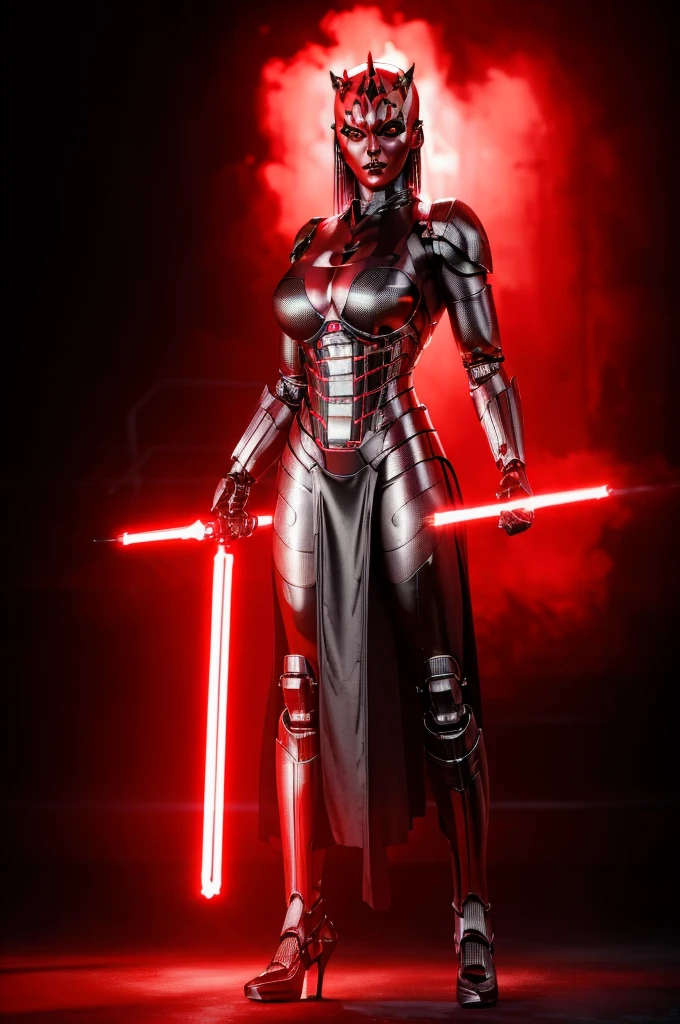 Alone, mecha Jessica Nigri AS darthmaul, ((flawless RED skin)),(Red:1.1),(best quality,4k,8k,highres,masterpiece:1.2),ultra-detailed,(realistic,photorealistic,photo-realistic:1.37),concept art,digital painting,chiaroscuro lighting,cinematic composition,dramatic lighting,volumetric fog,glowing red energy,complex futuristic machinery,intricate mechanical details,advanced cybernetic implants,detailed facial features,piercing red eyes,full body power pose,advanced robotics,dramatic shadows,vivid colors