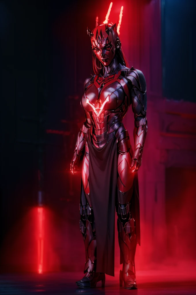 Alone, mecha Jessica Nigri AS darthmaul, ((flawless RED skin)),(Red:1.1),(best quality,4k,8k,highres,masterpiece:1.2),ultra-detailed,(realistic,photorealistic,photo-realistic:1.37),concept art,digital painting,chiaroscuro lighting,cinematic composition,dramatic lighting,volumetric fog,glowing red energy,complex futuristic machinery,intricate mechanical details,advanced cybernetic implants,detailed facial features,piercing red eyes,full body power pose,advanced robotics,dramatic shadows,vivid colors