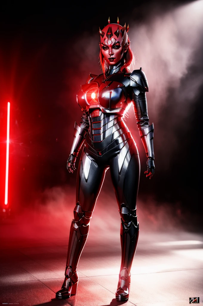 Alone, mecha Jessica Nigri AS darthmaul, ((flawless RED skin)),(Red:1.1),(best quality,4k,8k,highres,masterpiece:1.2),ultra-detailed,(realistic,photorealistic,photo-realistic:1.37),concept art,digital painting,chiaroscuro lighting,cinematic composition,dramatic lighting,volumetric fog,glowing red energy,complex futuristic machinery,intricate mechanical details,advanced cybernetic implants,detailed facial features,piercing red eyes,full body power pose,advanced robotics,dramatic shadows,vivid colors