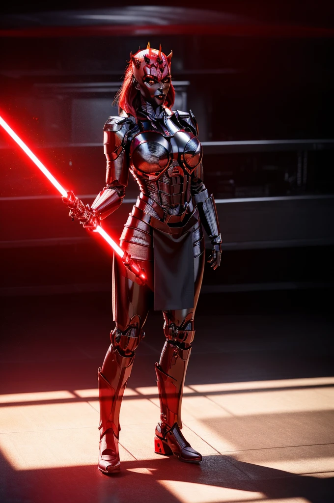 Alone, mecha Jessica Nigri AS darthmaul, ((flawless RED skin)),(Red:1.1),(best quality,4k,8k,highres,masterpiece:1.2),ultra-detailed,(realistic,photorealistic,photo-realistic:1.37),concept art,digital painting,chiaroscuro lighting,cinematic composition,dramatic lighting,volumetric fog,glowing red energy,complex futuristic machinery,intricate mechanical details,advanced cybernetic implants,detailed facial features,piercing red eyes,full body power pose,advanced robotics,dramatic shadows,vivid colors