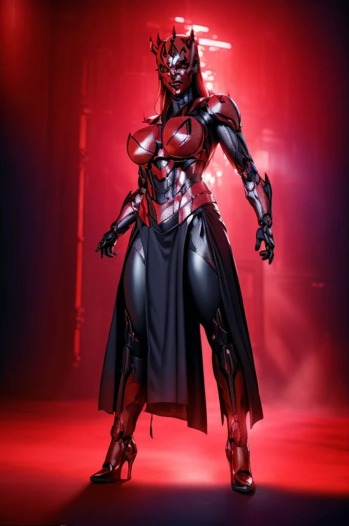 Alone, mecha Jessica Nigri AS darthmaul, ((flawless RED skin)),(Red:1.1),(best quality,4k,8k,highres,masterpiece:1.2),ultra-detailed,(realistic,photorealistic,photo-realistic:1.37),concept art,digital painting,chiaroscuro lighting,cinematic composition,dramatic lighting,volumetric fog,glowing red energy,complex futuristic machinery,intricate mechanical details,advanced cybernetic implants,detailed facial features,piercing red eyes,full body power pose,advanced robotics,dramatic shadows,vivid colors