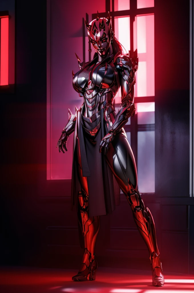 Alone, mecha Jessica Nigri AS darthmaul, ((flawless RED skin)),(Red:1.1),(best quality,4k,8k,highres,masterpiece:1.2),ultra-detailed,(realistic,photorealistic,photo-realistic:1.37),concept art,digital painting,chiaroscuro lighting,cinematic composition,dramatic lighting,volumetric fog,glowing red energy,complex futuristic machinery,intricate mechanical details,advanced cybernetic implants,detailed facial features,piercing red eyes,full body power pose,advanced robotics,dramatic shadows,vivid colors