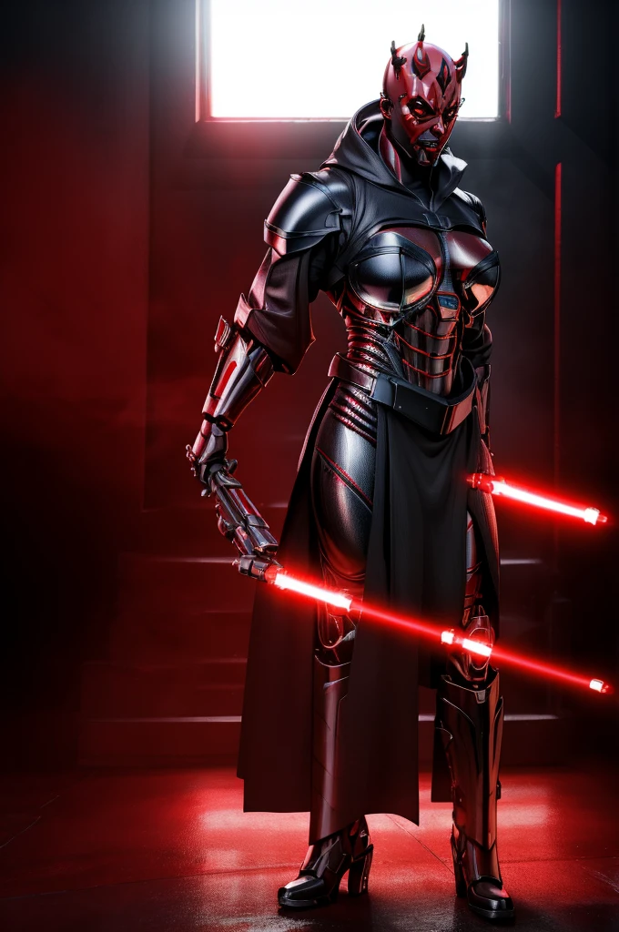 Alone, mecha Jessica Nigri AS darthmaul, ((flawless RED skin)),(Red:1.1),(best quality,4k,8k,highres,masterpiece:1.2),ultra-detailed,(realistic,photorealistic,photo-realistic:1.37),concept art,digital painting,chiaroscuro lighting,cinematic composition,dramatic lighting,volumetric fog,glowing red energy,complex futuristic machinery,intricate mechanical details,advanced cybernetic implants,detailed facial features,piercing red eyes,full body power pose,advanced robotics,dramatic shadows,vivid colors