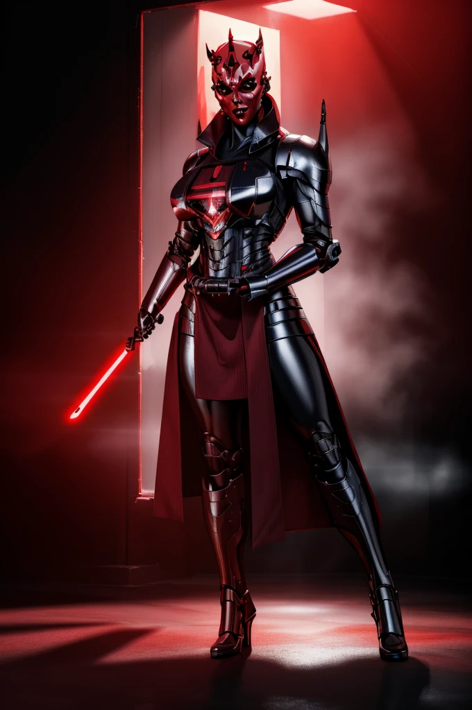 Alone, mecha Jessica Nigri AS darthmaul, ((flawless RED skin)),(Red:1.1),(best quality,4k,8k,highres,masterpiece:1.2),ultra-detailed,(realistic,photorealistic,photo-realistic:1.37),concept art,digital painting,chiaroscuro lighting,cinematic composition,dramatic lighting,volumetric fog,glowing red energy,complex futuristic machinery,intricate mechanical details,advanced cybernetic implants,detailed facial features,piercing red eyes,full body power pose,advanced robotics,dramatic shadows,vivid colors