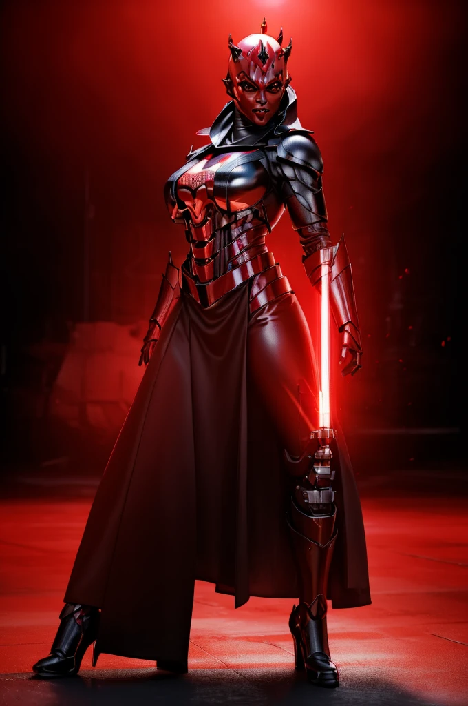 Alone, mecha Jessica Nigri AS darthmaul, ((flawless RED skin)),(Red:1.1),(best quality,4k,8k,highres,masterpiece:1.2),ultra-detailed,(realistic,photorealistic,photo-realistic:1.37),concept art,digital painting,chiaroscuro lighting,cinematic composition,dramatic lighting,volumetric fog,glowing red energy,complex futuristic machinery,intricate mechanical details,advanced cybernetic implants,detailed facial features,piercing red eyes,full body power pose,advanced robotics,dramatic shadows,vivid colors