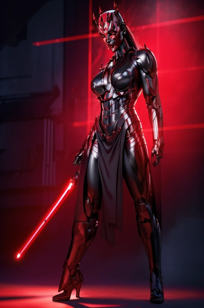 Alone, mecha Jessica Nigri AS darthmaul, ((flawless RED skin)),(Red:1.1),(best quality,4k,8k,highres,masterpiece:1.2),ultra-detailed,(realistic,photorealistic,photo-realistic:1.37),concept art,digital painting,chiaroscuro lighting,cinematic composition,dramatic lighting,volumetric fog,glowing red energy,complex futuristic machinery,intricate mechanical details,advanced cybernetic implants,detailed facial features,piercing red eyes,full body power pose,advanced robotics,dramatic shadows,vivid colors