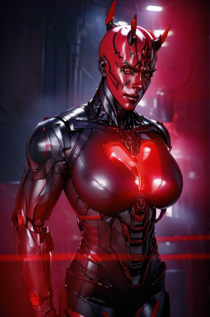 Alone, mecha Jessica Nigri AS darthmaul, ((flawless RED skin)),(Red:1.1),(best quality,4k,8k,highres,masterpiece:1.2),ultra-detailed,(realistic,photorealistic,photo-realistic:1.37),concept art,digital painting,chiaroscuro lighting,cinematic composition,dramatic lighting,volumetric fog,glowing red energy,complex futuristic machinery,intricate mechanical details,advanced cybernetic implants,detailed facial features,piercing red eyes,full body power pose,advanced robotics,dramatic shadows,vivid colors