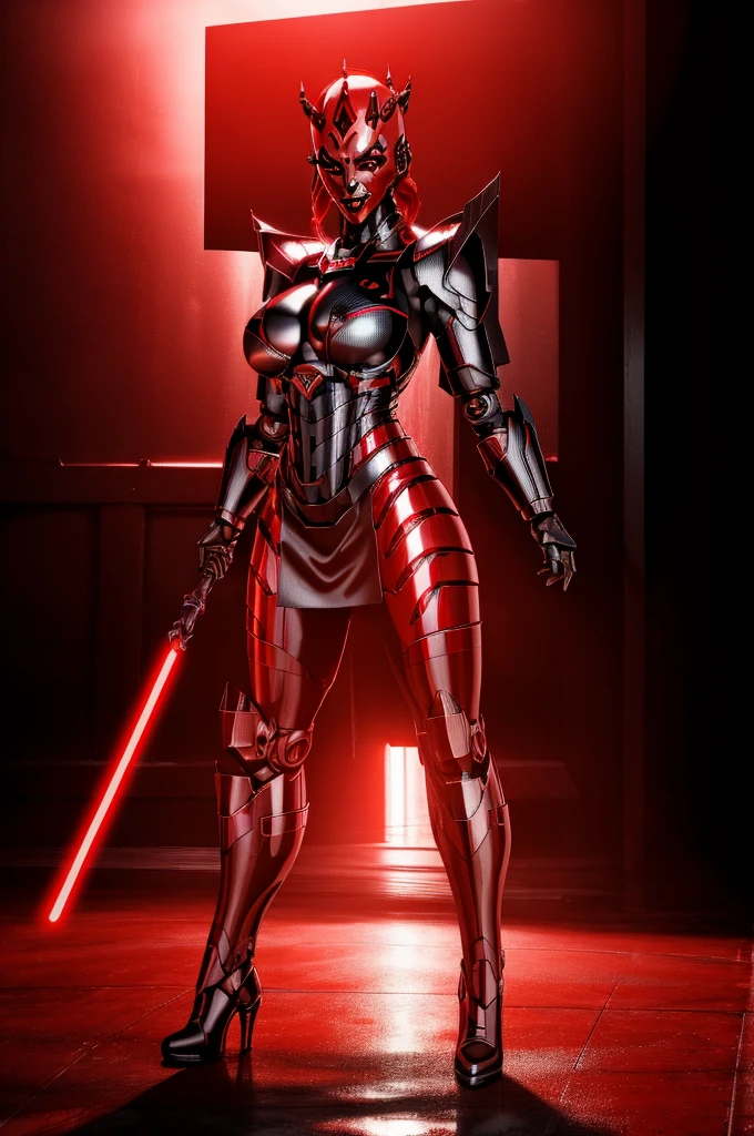 Alone, mecha Jessica Nigri AS darthmaul, ((flawless RED skin)),(Red:1.1),(best quality,4k,8k,highres,masterpiece:1.2),ultra-detailed,(realistic,photorealistic,photo-realistic:1.37),concept art,digital painting,chiaroscuro lighting,cinematic composition,dramatic lighting,volumetric fog,glowing red energy,complex futuristic machinery,intricate mechanical details,advanced cybernetic implants,detailed facial features,piercing red eyes,full body power pose,advanced robotics,dramatic shadows,vivid colors