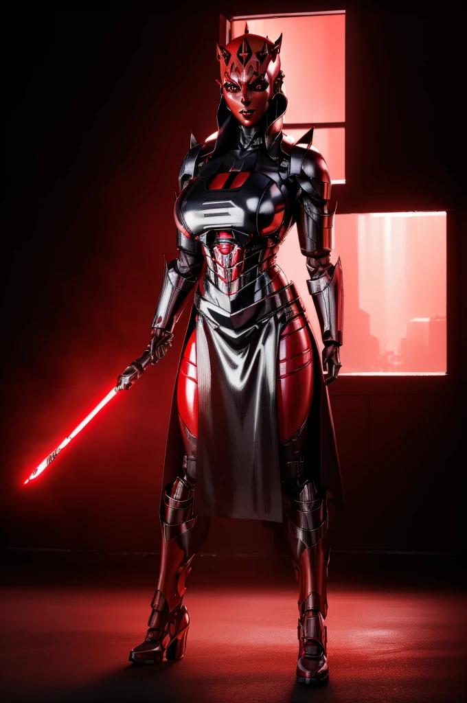 Alone, mecha Jessica Nigri AS darthmaul, ((flawless RED skin)),(Red:1.1),(best quality,4k,8k,highres,masterpiece:1.2),ultra-detailed,(realistic,photorealistic,photo-realistic:1.37),concept art,digital painting,chiaroscuro lighting,cinematic composition,dramatic lighting,volumetric fog,glowing red energy,complex futuristic machinery,intricate mechanical details,advanced cybernetic implants,detailed facial features,piercing red eyes,full body power pose,advanced robotics,dramatic shadows,vivid colors