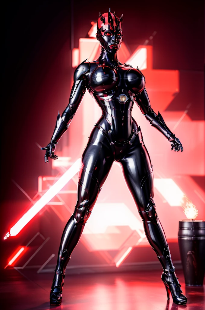 Alone, mecha Jessica Nigri AS darthmaul, ((flawless RED skin)),(Red:1.1),(best quality,4k,8k,highres,masterpiece:1.2),ultra-detailed,(realistic,photorealistic,photo-realistic:1.37),concept art,digital painting,chiaroscuro lighting,cinematic composition,dramatic lighting,volumetric fog,glowing red energy,complex futuristic machinery,intricate mechanical details,advanced cybernetic implants,detailed facial features,piercing red eyes,full body power pose,advanced robotics,dramatic shadows,vivid colors