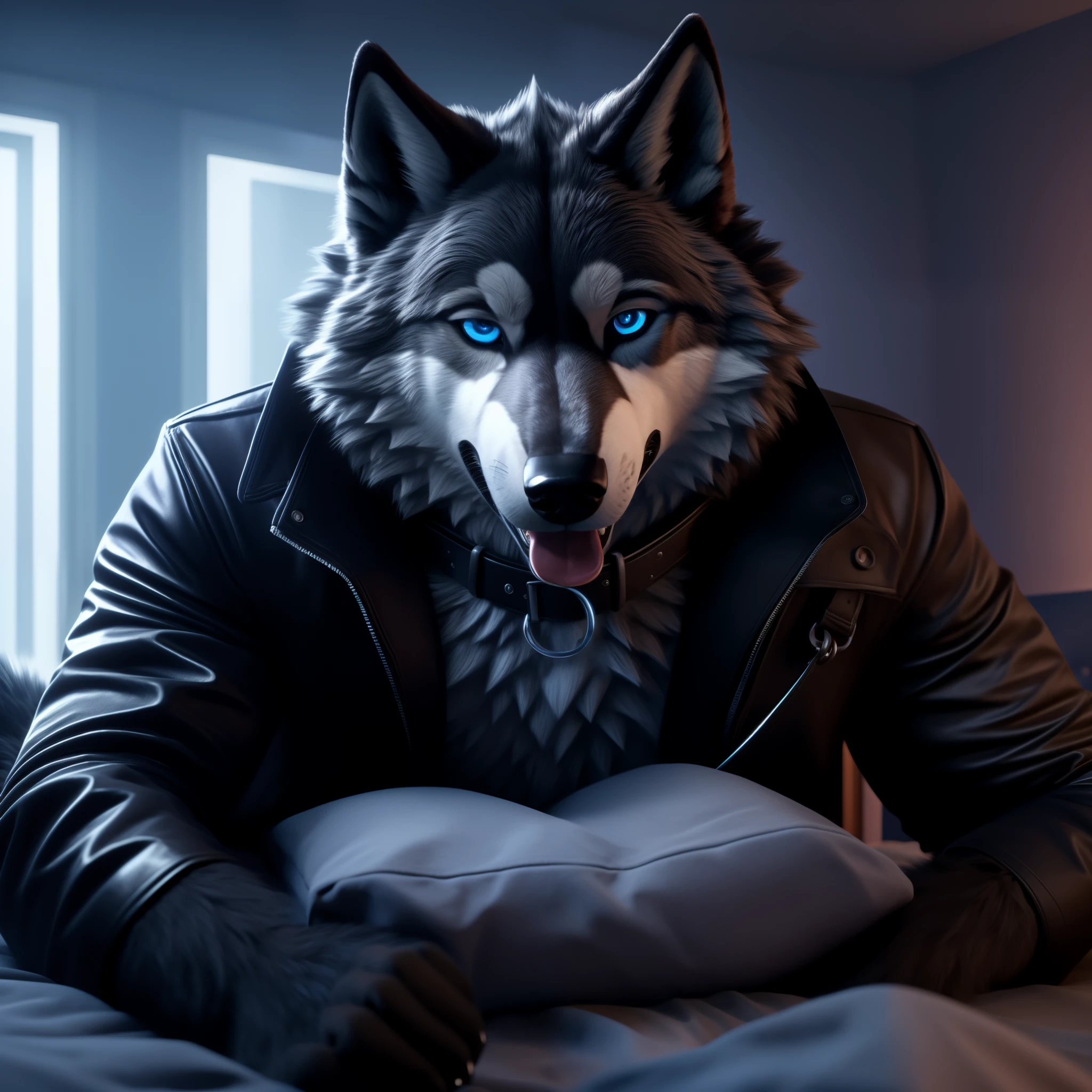 Lying on a bed, Male, 30 years old, cute, eyeliner, mouth open with tongue hanging out, black leather jacket, anthro, wolf ears, (black fur:1.5), wolf, bedroom background, 8k, hi res, (best quality, masterpiece), (wolf tail:1.5), detailed fur, solo, night, leashing and collar, blue jeans, blue eyes, sleepy