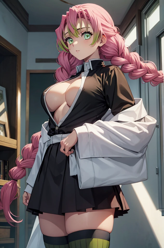 (masterpiece:1.3), (best quality:1.1), (8k, ultra detailed, ultra high res:1.2), ((anime style)), perfect 5 fingers, perfect anatomy, 
1girl,
Mitsuri Kanroji, 
BREAK long hair, pigtail braids, 
pink hair, 
green eyes, (empty eyes:1.1), 
large breasts,  
BREAK (black shirt, black mini skirt, green thighhighs:1.1), unbuttoned, 
looking at viewer, 
cowboy shot, 
perfect light, indoors, 