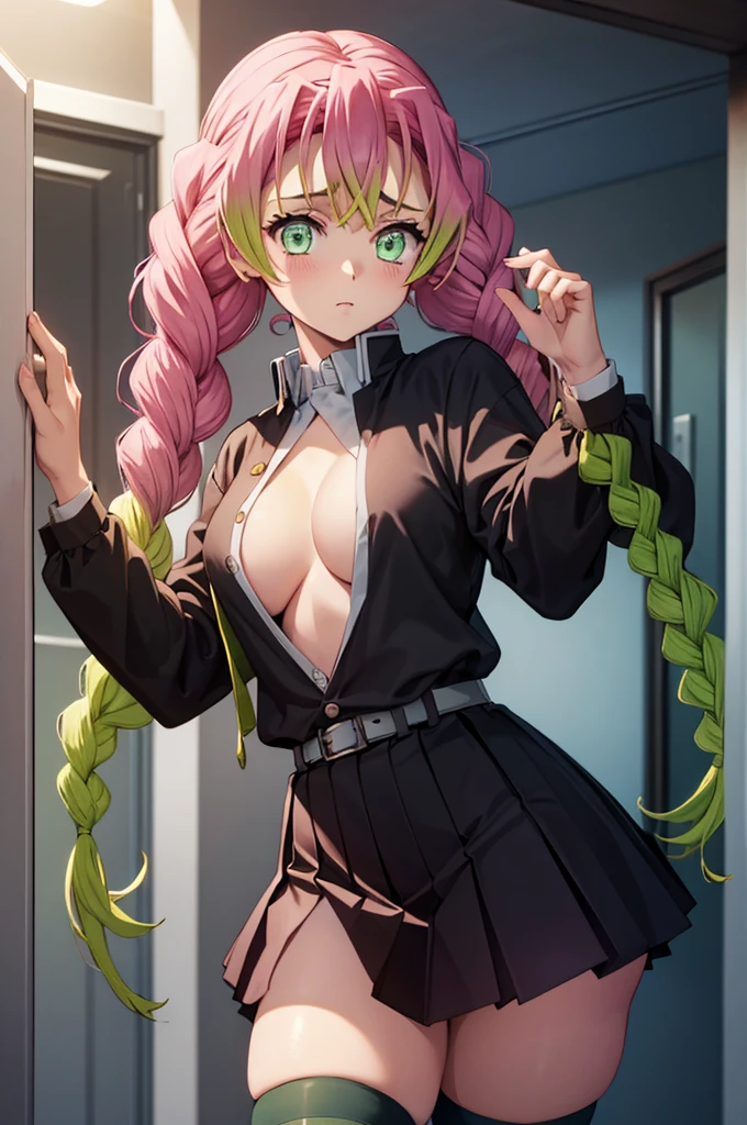 (masterpiece:1.3), (best quality:1.1), (8k, ultra detailed, ultra high res:1.2), ((anime style)), perfect 5 fingers, perfect anatomy, 
1girl,
Mitsuri Kanroji, 
BREAK long hair, pigtail braids, 
pink hair, 
green eyes, (empty eyes:1.1), 
large breasts,  
BREAK (black shirt, black mini skirt, green thighhighs:1.1), unbuttoned, 
looking at viewer, 
cowboy shot, 
perfect light, indoors, 