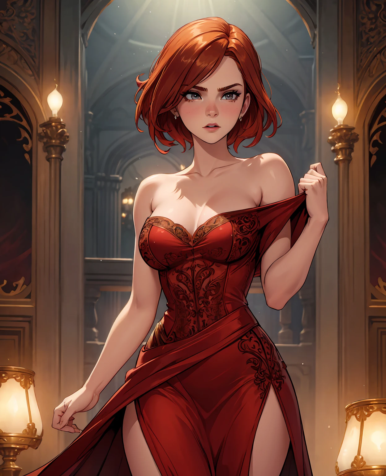 Una hermosa chica con cabello rojo vistiendo vestido corto blanco sin tirantes.., posado de una manera suave y seductora. El cabello rojo es vibrante y fluido.., cayendo en cascada sobre sus hombros. Sus ojos son fascinantes, con miradas intensas y cautivadoras que te atrapan. The details of his face are carefully crafted.., con cejas bellamente formadas, largo, curly eyelashes, y completo, labios exuberantes. Your skin is flawless and radiant., giving it an ethereal and otherworldly beauty. The lingerie she wears is delicate and intricate.., with lace details that accentuate your curves and enhance your femininity. The colors of the lingerie complement her red hair.., adding a touch of elegance and sophistication to the overall composition. Lighting is soft and soft, casting a warm glow on her skin, creating a romantic atmosphere. The image is of the highest quality, with 4K or 8K resolution, allowing you to capture and display every detail with maximum clarity. The textures of the materials used in the artwork are carefully represented.., giving a tactile and realistic feel to the image. Los colores son vivos y vibrantes, with a touch of saturation to add depth and richness. The artistic style of the image leans towards a modern portrait.., capturando la belleza y la sensualidad del sujeto. The composition is balanced and harmonious, con el punto focal acentuado mediante el uso de enfoque suave y efecto bokeh. The overall color tone is warm and inviting, con un tono dorado claro que aporta un toque de calidez e intimidad. En general, the message generates a high-quality image showing a fascinating redhead dressed in seductive lingerie... Attention to detail and choice of materials and lighting ensure a visually striking and emotionally impactful work of art,(Character Design Sheet), Diferentes poses, different angles, turn around, facing the viewer...

