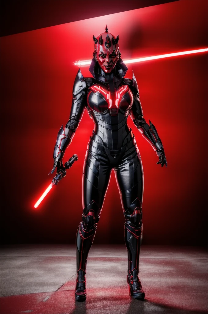 Alone, mecha Jessica Nigri AS darthmaul, ((flawless RED skin)),(Red:1.1),(best quality,4k,8k,highres,masterpiece:1.2),ultra-detailed,(realistic,photorealistic,photo-realistic:1.37),concept art,digital painting,chiaroscuro lighting,cinematic composition,dramatic lighting,volumetric fog,glowing red energy,complex futuristic machinery,intricate mechanical details,advanced cybernetic implants,detailed facial features,piercing red eyes,full body power pose,advanced robotics,dramatic shadows,vivid colors