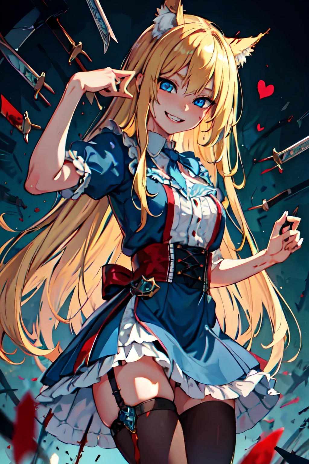 Best quality, 4K,Masterpiece, Extremely detailed, 8K, High detail, Sharp focus, 1girl, Solo, Alice in wonderland, long blonde hair, Detailed eyes, Smile, Gesugao, (Evil smile:1.1), Sharp teeth, (Crazy blue eyes:1.2), Yandere, holding knives, (blood spatter:1.1)