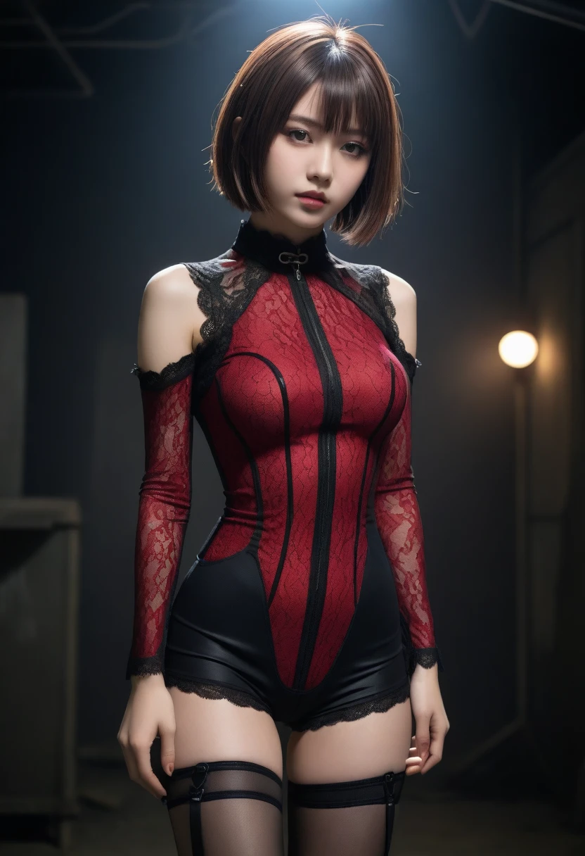 8K, Ultra-high resolution, Highest quality, masterpiece, Surreal, photograph, 1 Girl, (16 years old:1.3), pretty girl, Cute face, Beautiful eyes in every detail, 細かくdetailedに,masterpiece,, One Girl:1.2, Japan Female Announcer, Brutal Cyberpunk Woman,Bob Haircut,(Futuristic Leotard:1.05),High leg cut,Lace blouse,(lace stockings with garters), (Red bondage and red gothic lolita)),Are standing,Beautiful leg line beauty, (In a post-apocalyptic scenario:1.2),Expression of despair,Dark and atmospheric lighting, This pose expresses a somber ecstasy..,Bold Pose,Looking at the audience、beauty,Long neck、Laugh a little、Please close your mouth and laugh、(((Ideal body type))),A-cup small breasts :2,、Portraiture:2、Perfect Anatomy、鮮明なdetailed、detailed、Surreal、Light and shadow,Strong light