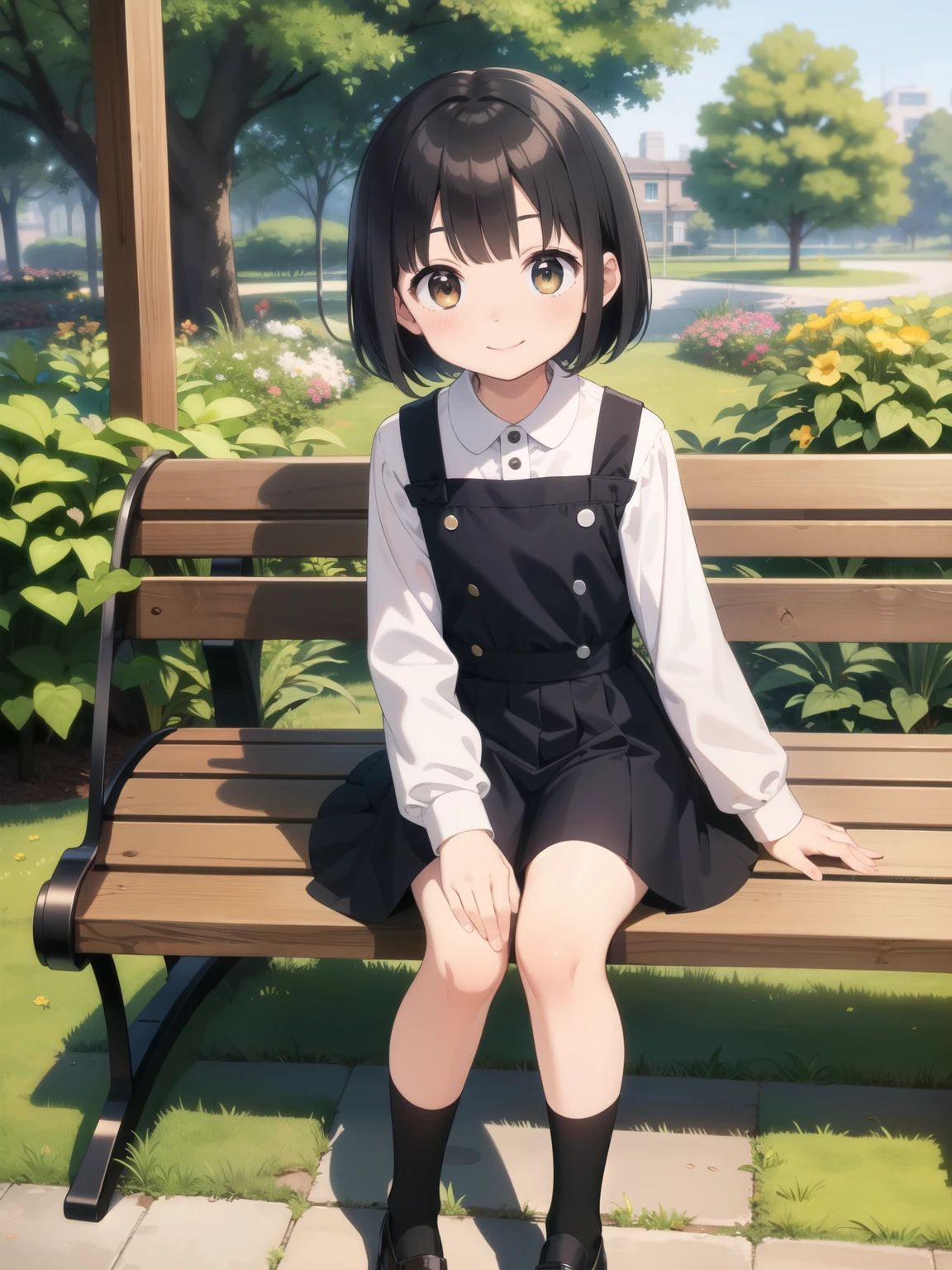 master,piece,best quality,Small and cute 、、Black Hair、Bob Hair、smile、Ruffled pinafore skirt、garden、Sit on a bench
