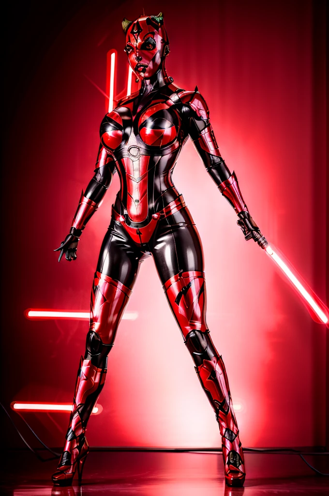 a highly detailed and realistic mecha suit, Jessica Nigri as Darth Maul, flawless red skin, red glowing lights, metallic textures, intricate mechanical details, powerful pose, dramatic lighting, cinematic angle, 8K, photorealistic, hyper detailed, masterpiece