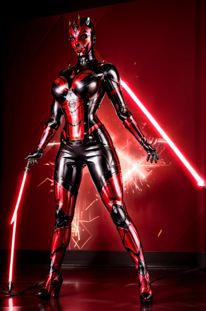 a highly detailed and realistic mecha suit, Jessica Nigri as Darth Maul, flawless red skin, red glowing lights, metallic textures, intricate mechanical details, powerful pose, dramatic lighting, cinematic angle, 8K, photorealistic, hyper detailed, masterpiece