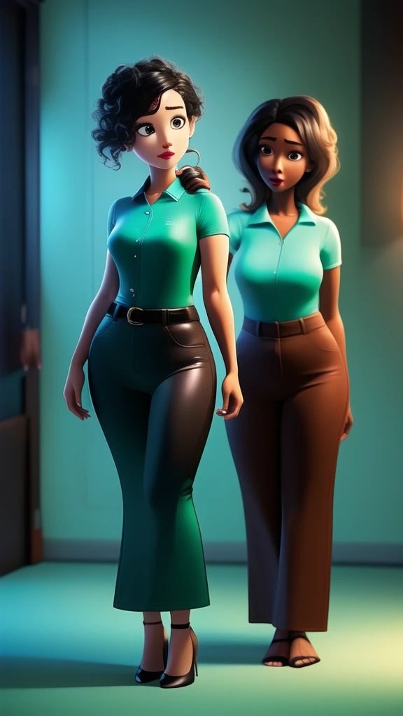 Masterpiece,high quality best quality,
1 girl,alone,curvy lady,whole body, standing, light brown skin a cosmetologist dressed in an aqua green uniform of pants and gown,
small breasts, black eyes, black hair with long yellow hair worn on one side on the right shoulder cinematic atmosphere of a beautician with stretcher and cosmetics 