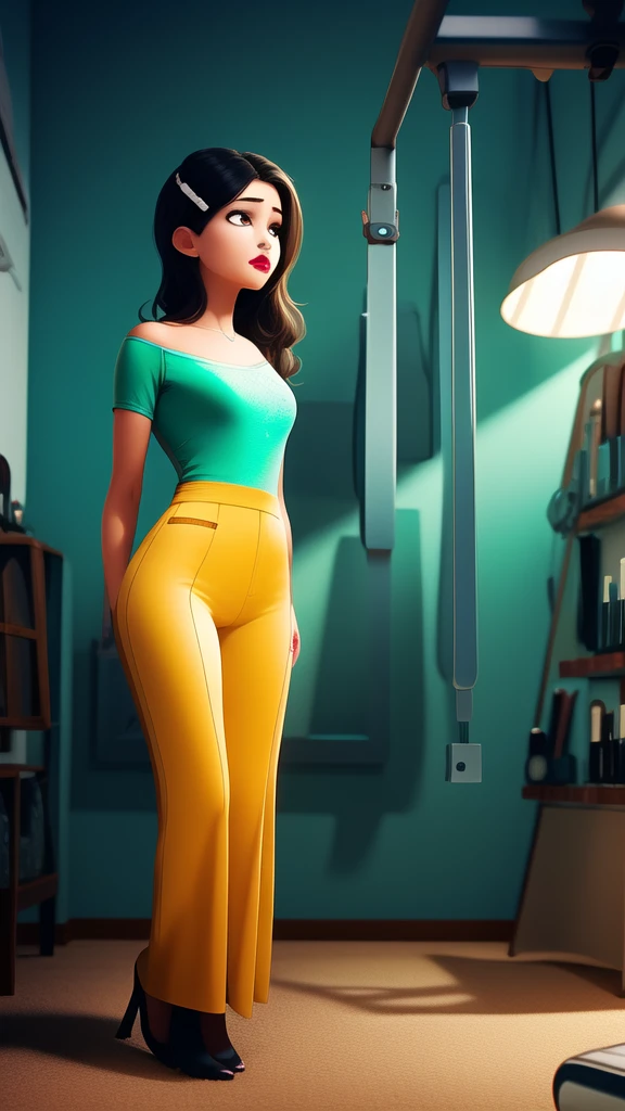 Masterpiece,high quality best quality,
1 girl,alone,curvy lady,whole body, standing, light brown skin a cosmetologist dressed in an aqua green uniform of pants and gown,
small breasts, black eyes, black hair with long yellow hair worn on one side on the right shoulder cinematic atmosphere of a beautician with stretcher and cosmetics 