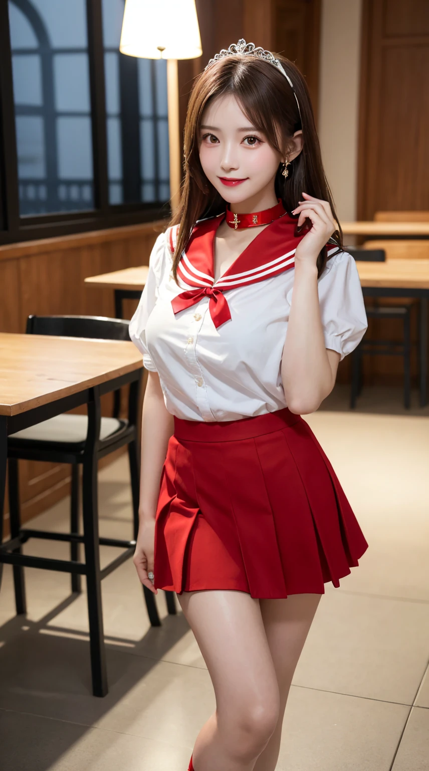 highest quality、table top、8k、best image quality、Award-winning work)、one beautiful woman、radiant beautiful skin , masterpiece、top-quality、The ultra -The high-definition、depth of fields、lens flare 1 girl、brown hair, watching at viewers glares, large breasts ( high heels), perfect legs, model pose, smiling , sailor senshi uniform, (red skirt:1.4), tiara, (red sailor collar:1.4), blue bow, red choker