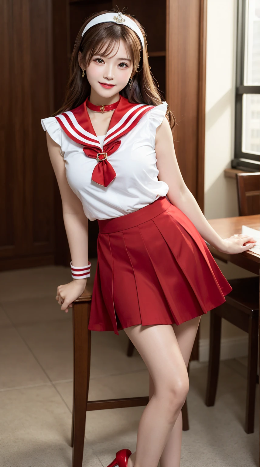 （Brunette,Layered short wavy hair）Heavy makeup、(Female, 45 years old、Japanese):1.2、8K, Tempting smile, ((Colossal tits:1.2)) , tall：1.4、a small face、Nikon Z 85mm, ((Best Quality)) ,((masterpiece)), intricate details, Professional, Photorealistic、 ((Very sexy highschool uniform,Sleeveless,Mini skirt)):1.2、（Standing on the roof of a skyscraper at night）:1.2, large earring、（Red Slim Knee-high boots with high stiletto heels、Pointed toe）:1.2、Full body shot:1.2