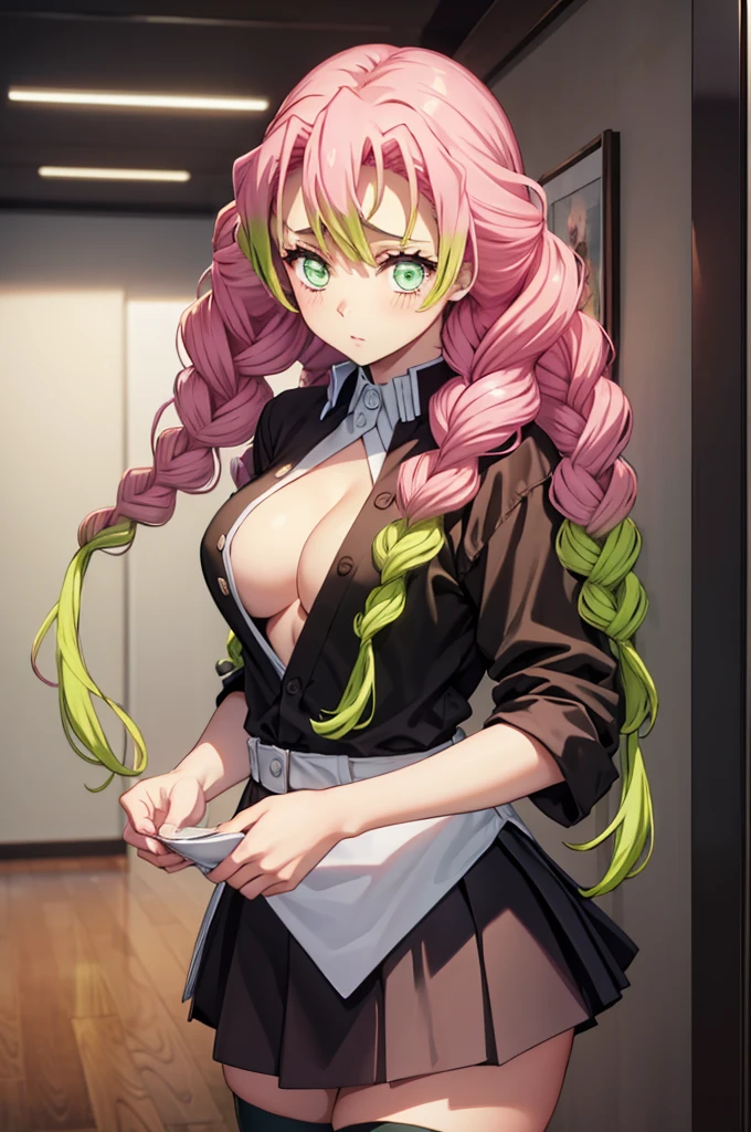 (masterpiece:1.3), (best quality:1.1), (8k, ultra detailed, ultra high res:1.2), ((anime style)), (perfect 5 fingers), perfect anatomy, 
1girl,
Mitsuri Kanroji, 
BREAK long hair, pigtail braids, 
pink hair, 
green eyes, (empty eyes:1.1), 
large breasts,  
BREAK (black shirt, black mini skirt, green thighhighs:1.1), unbuttoned, 
looking at viewer, 
cowboy shot, 
perfect light, indoors, 