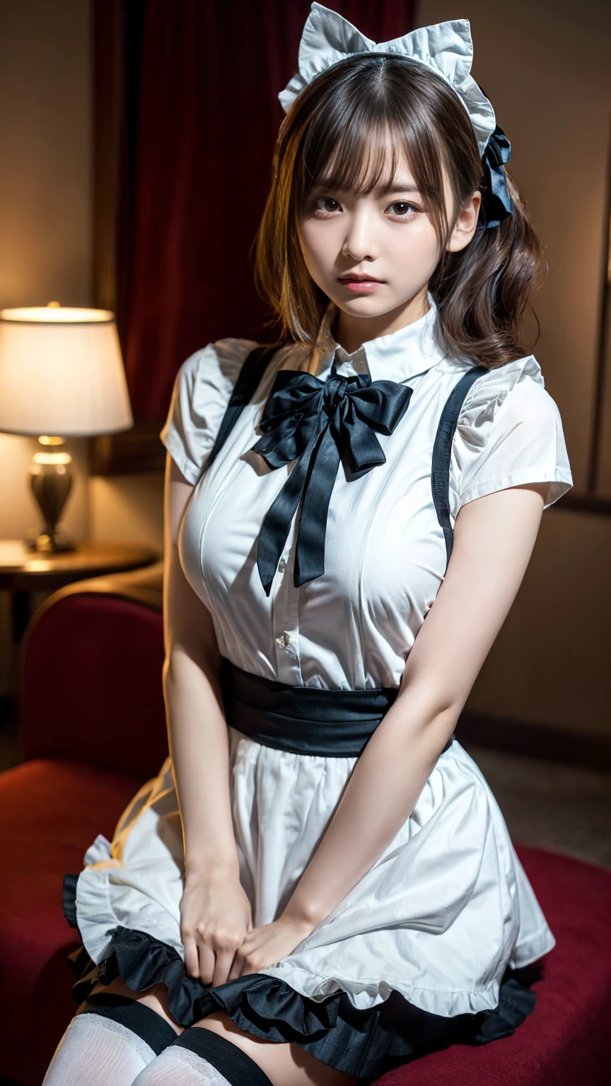 (8K, Raw photo, Best Quality, masutepiece:1.2), high-definition RAW color photography, professional photograpy, cowboyshot, (Realistic, photographrealistic:1.37), ((Best Quality)), 25 year old woman, Cinematic Light, (finerly detailed face:1.2), (masutepiece:1.5), (Best Quality:1.2), (Mole:0.5), (Smiling:0.9), (Looking at Viewer:1.2), skirt lift, Wrinkled white panties, bowtie, (Detailed Maid:1.2)