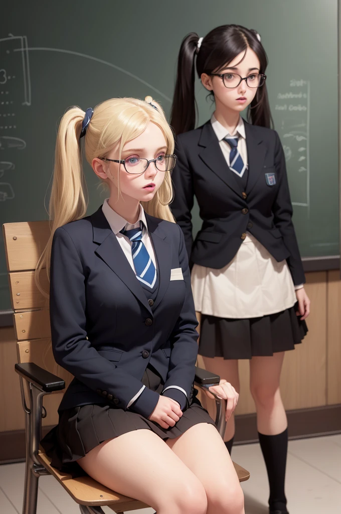 onoff,side-by-side photo,split screen,(1girl), solo,Black mideum_twinbraids, wearing(student-uniform, neckties, shirtsleeves), photo(medium-shot), portrait, pov, blurry_background, Background(classroom, chair, table), (8k, photorealistic, absurdres, best_quality:1.55),erect nipples,hairy pussy,camel toe,(Slender body),large hip,(small chest),Glasses,