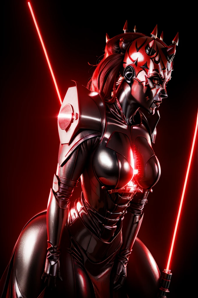 a highly detailed and realistic mecha suit, Jessica Nigri as Darth Maul, flawless red skin, red glowing lights, metallic textures, intricate mechanical details, powerful pose, dramatic lighting, cinematic angle, 8K, photorealistic, hyper detailed, masterpiece