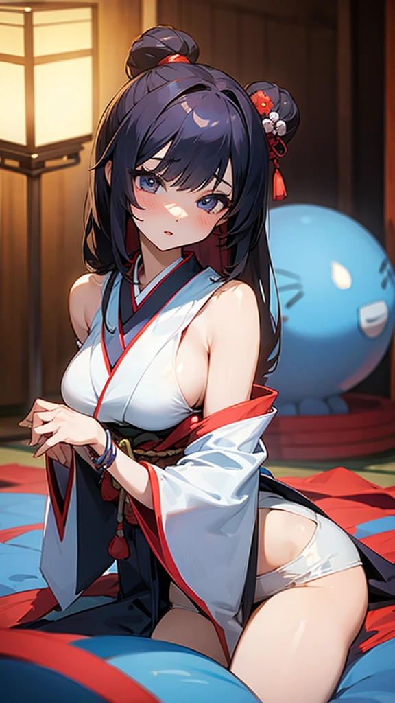 master part, high quality, detailed face, detailed body rendering, full body solo, nude, nude shoulders, hyuuga hinata, long ponytail hair, large breasts, Dark lips, bracelet, Standing, Blushes, room, night, moon and stars, nebula